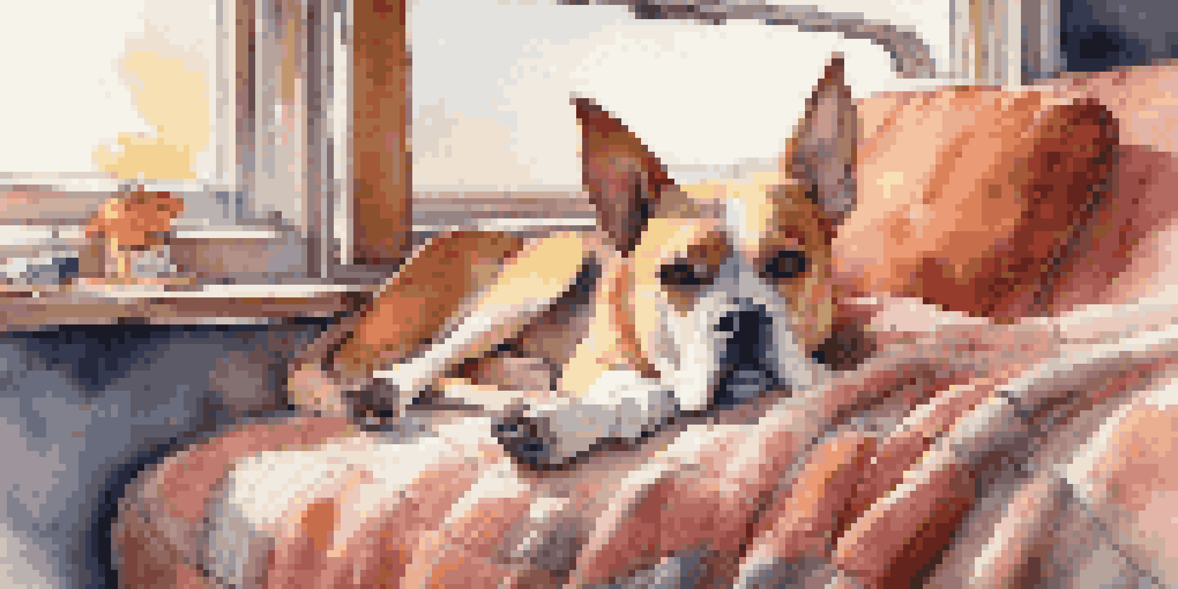 A dog lying on a blanket in a car, surrounded by toys, with sunlight streaming in through the window.
