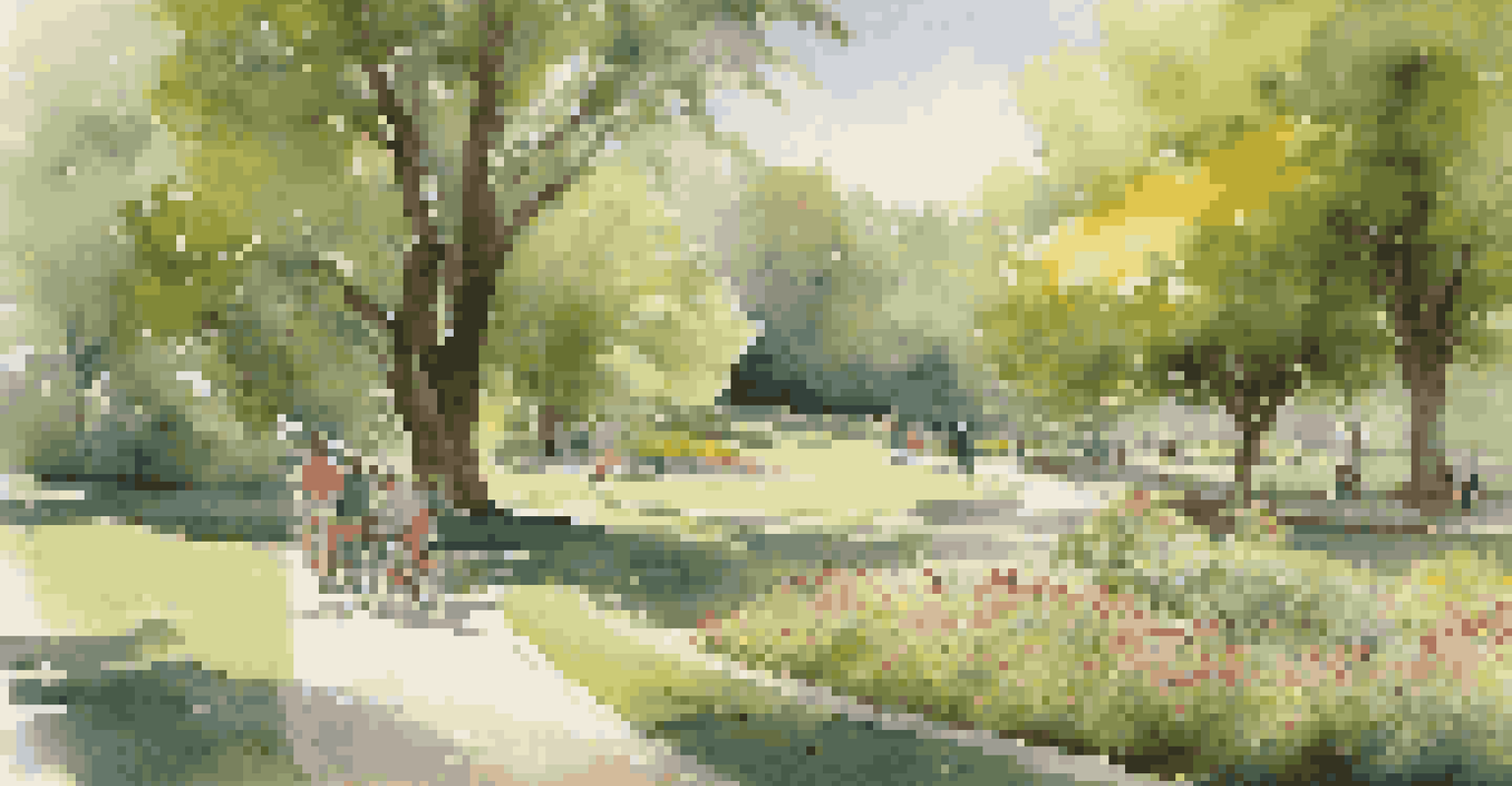 A peaceful park with a couple walking bicycles on a path, surrounded by trees, wildflowers, and children playing.
