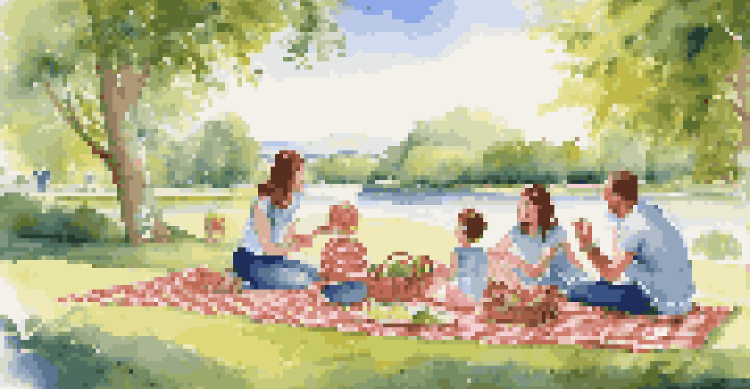 A family having a picnic in a scenic park, enjoying food and laughter together.
