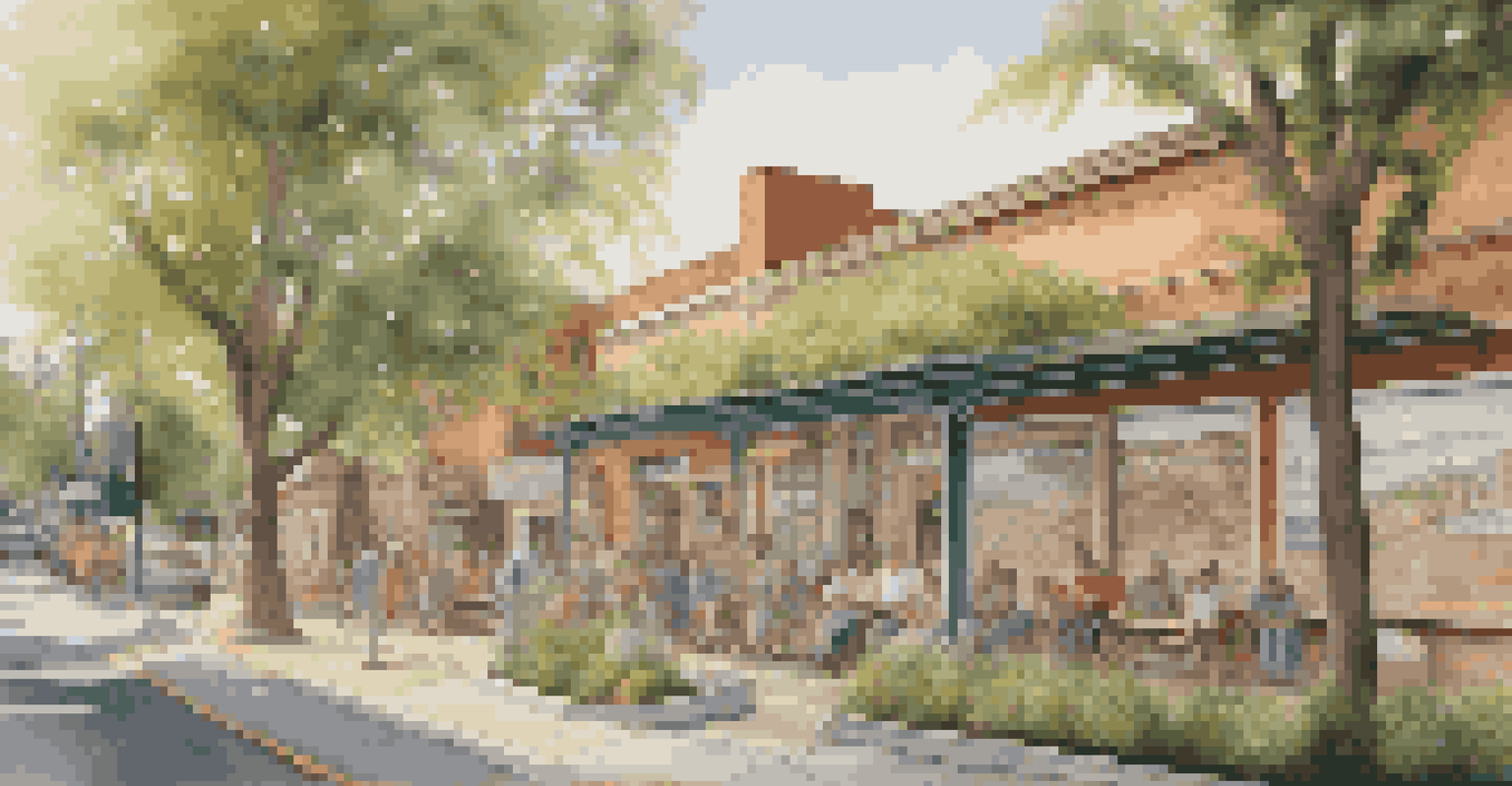 A detailed mural showcasing community history, surrounded by greenery and soft sunlight filtering through leaves.
