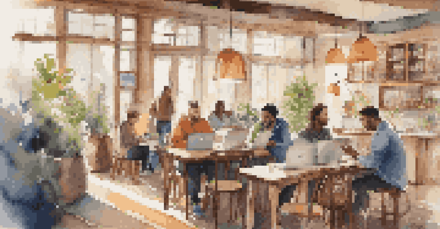 An inviting café with digital nomads working on laptops, surrounded by warm lighting and vibrant decor.