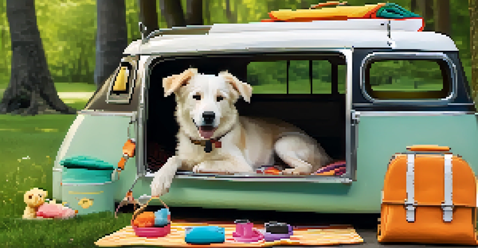 A dog resting in a pet carrier with travel accessories in a sunny park.