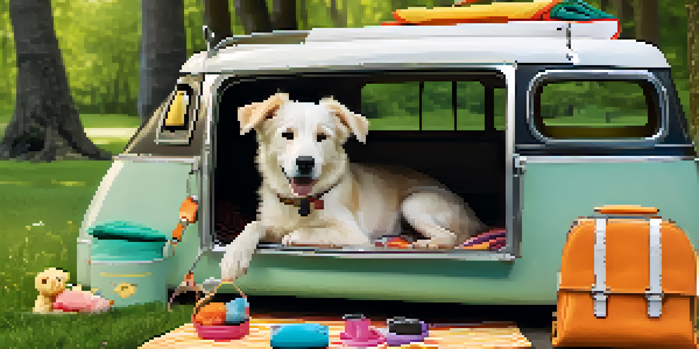 A dog resting in a pet carrier with travel accessories in a sunny park.