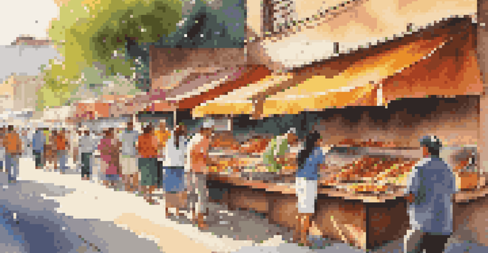 A busy street food market in Mexico with vendors preparing tacos and customers enjoying their meals under warm sunlight.
