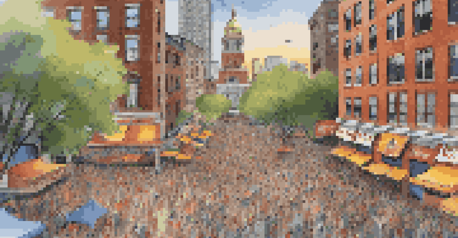 An aerial view of a crowded city square in Boston during the NBA Finals, with fans watching the game on large screens and enjoying food from stalls.
