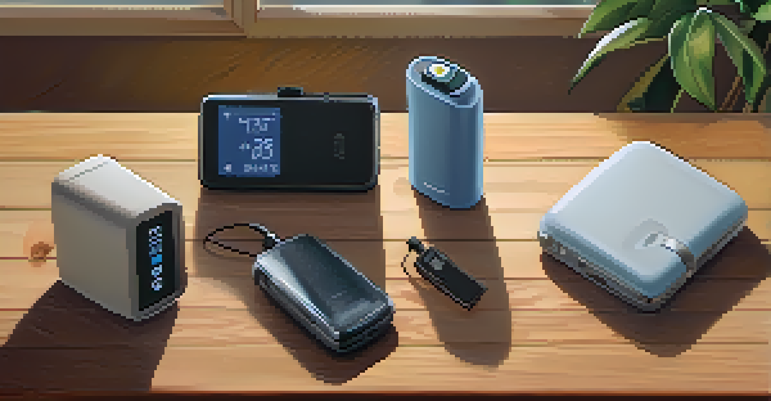 A collection of personal safety gadgets on a wooden table, including a personal alarm, pepper spray, GPS tracker, and portable phone charger, illuminated by natural light.