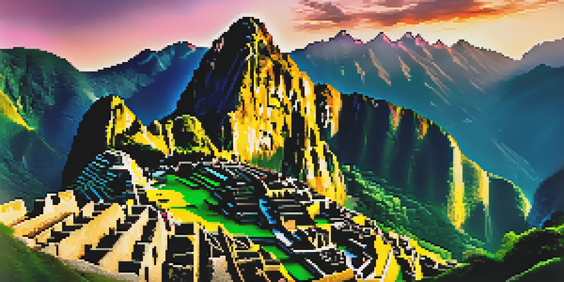 A scenic view of Machu Picchu at sunrise, showcasing the ancient ruins with surrounding green mountains and a misty valley.