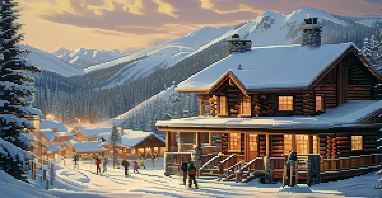 A charming winter ski resort scene with skiers on the slopes, a cozy cabin glowing warmly in the foreground, and snow-covered trees.