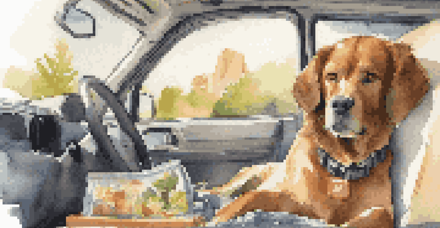 An interior view of a car with a dog in a seat belt and a cat in a carrier, surrounded by travel essentials.