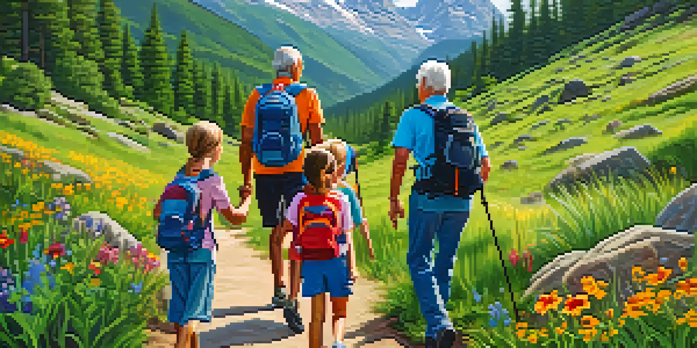 A multi-generational family hiking in a national park with trees, wildflowers, and mountains in the background.