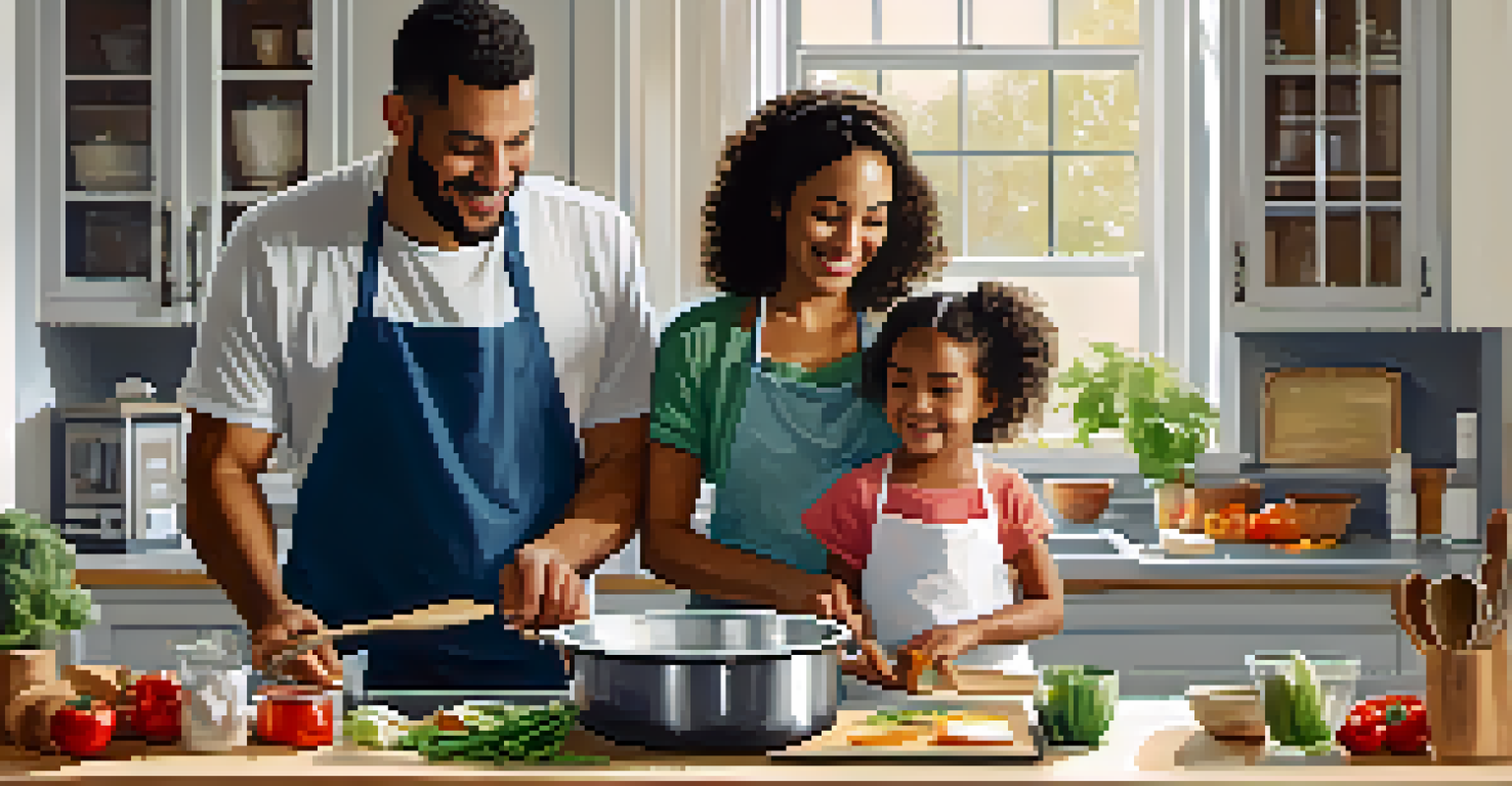 A single-parent family cooking together in a bright modern kitchen, with fresh ingredients and joyful expressions.