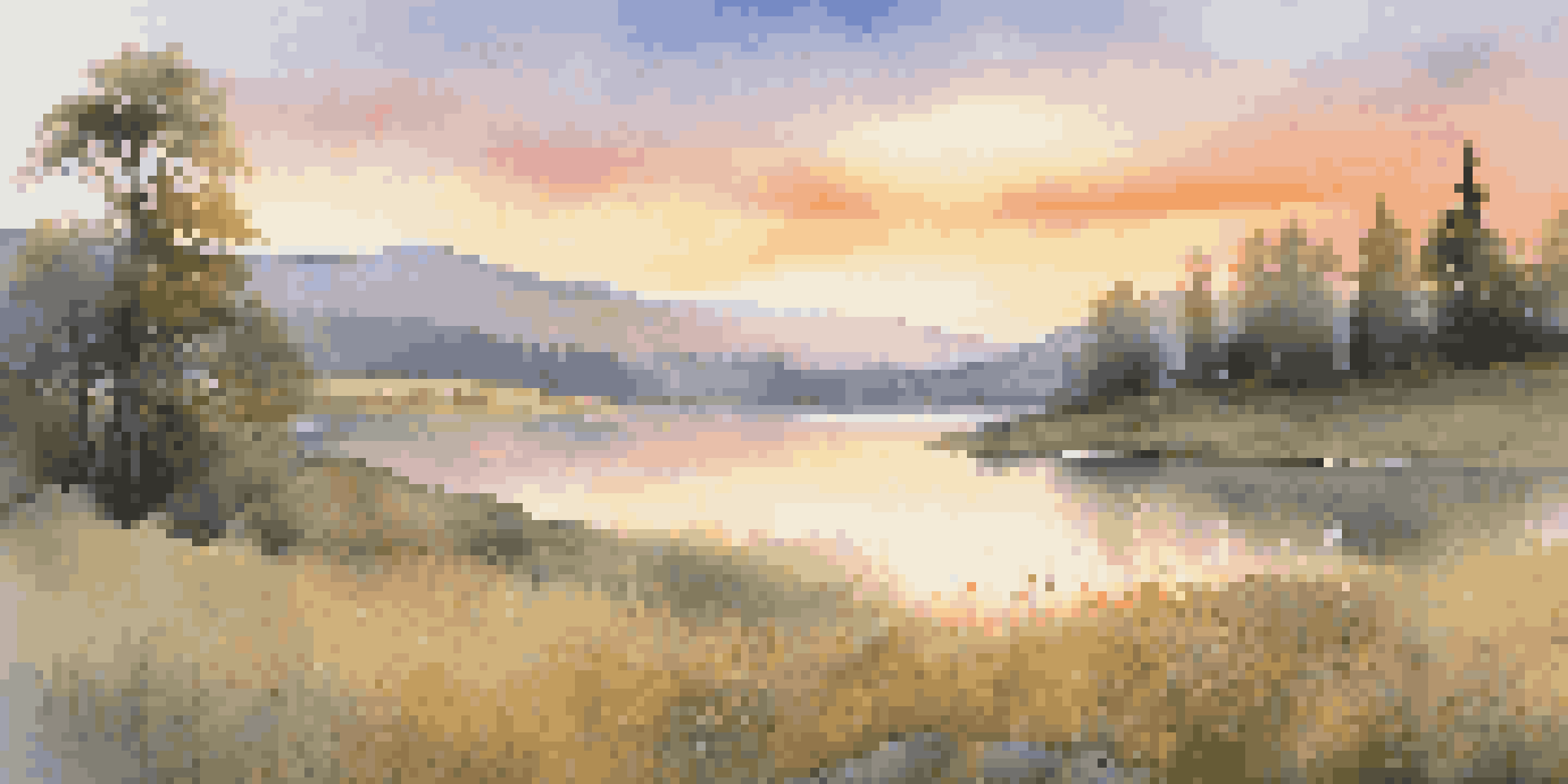 A beautiful sunrise landscape in a national park with rolling hills, a tranquil lake, and colorful wildflowers.