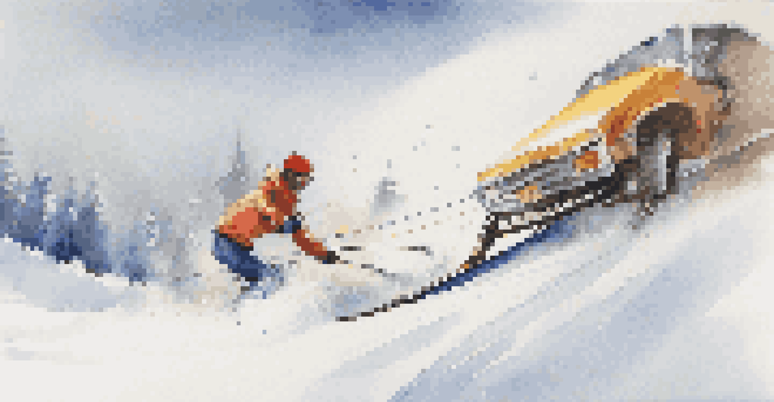 A skier performing the snow plow technique on a snowy slope, with snow flying around.