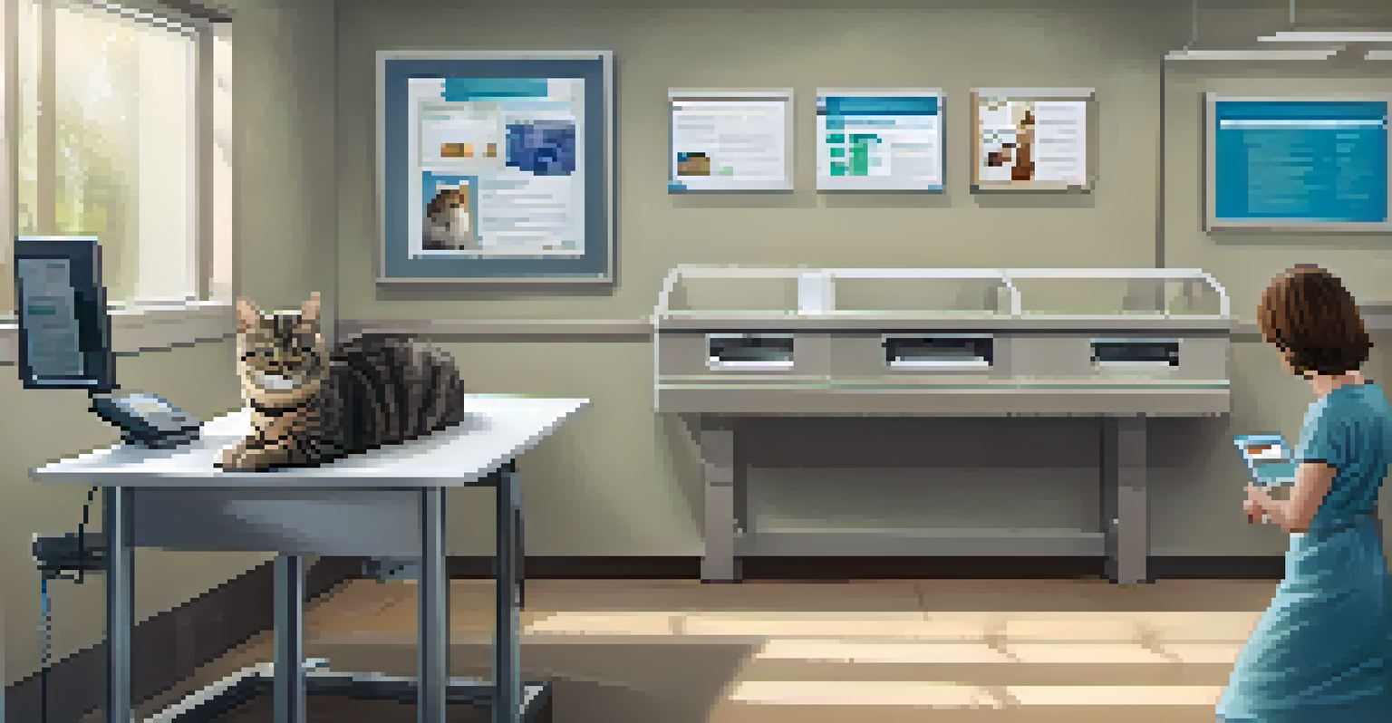 A veterinarian scanning a cat for a microchip at a clinic, with a microchip registration card on the table.