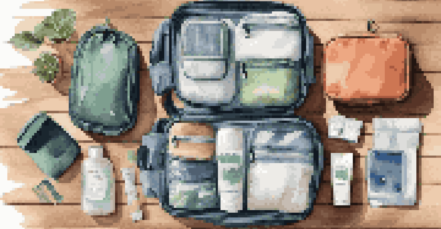 An organized packing scene with eco-friendly accessories, including reusable packing cubes and biodegradable bags, on a wooden table.