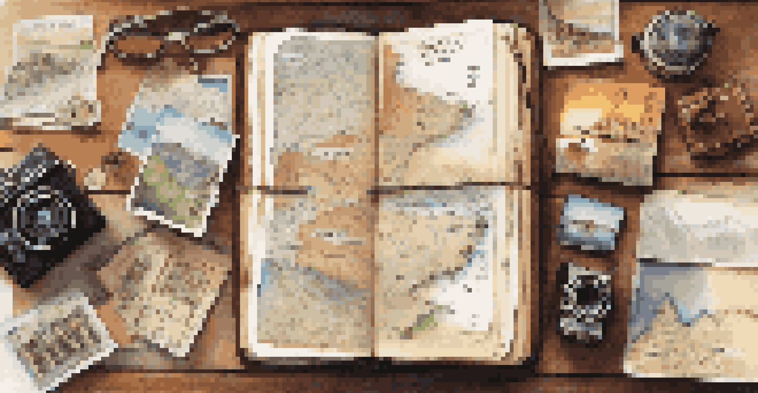 An open travel journal with handwritten notes and sketches, surrounded by postcards, a map, and a camera, illuminated by warm light.