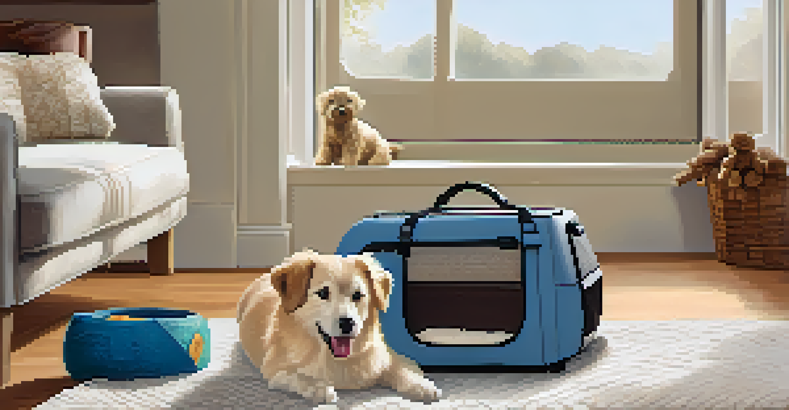 A pet travel carrier with a soft blanket and toys, a calm dog inside, in a bright living room.
