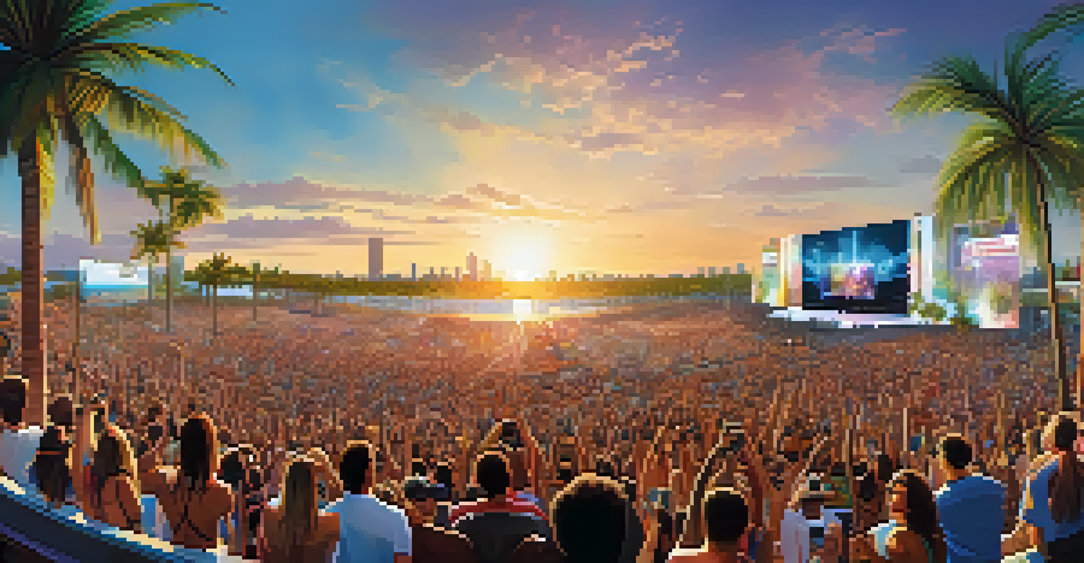 A panoramic view of Ultra Music Festival in Miami with a large stage and a crowd enjoying the music by Biscayne Bay.