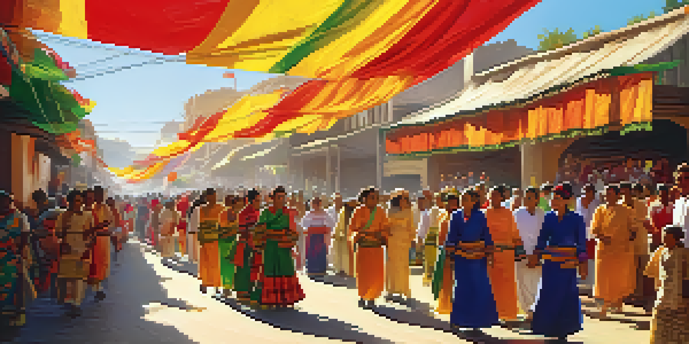 A lively festival with people in traditional clothing, colorful decorations, and craft stalls under warm sunlight.