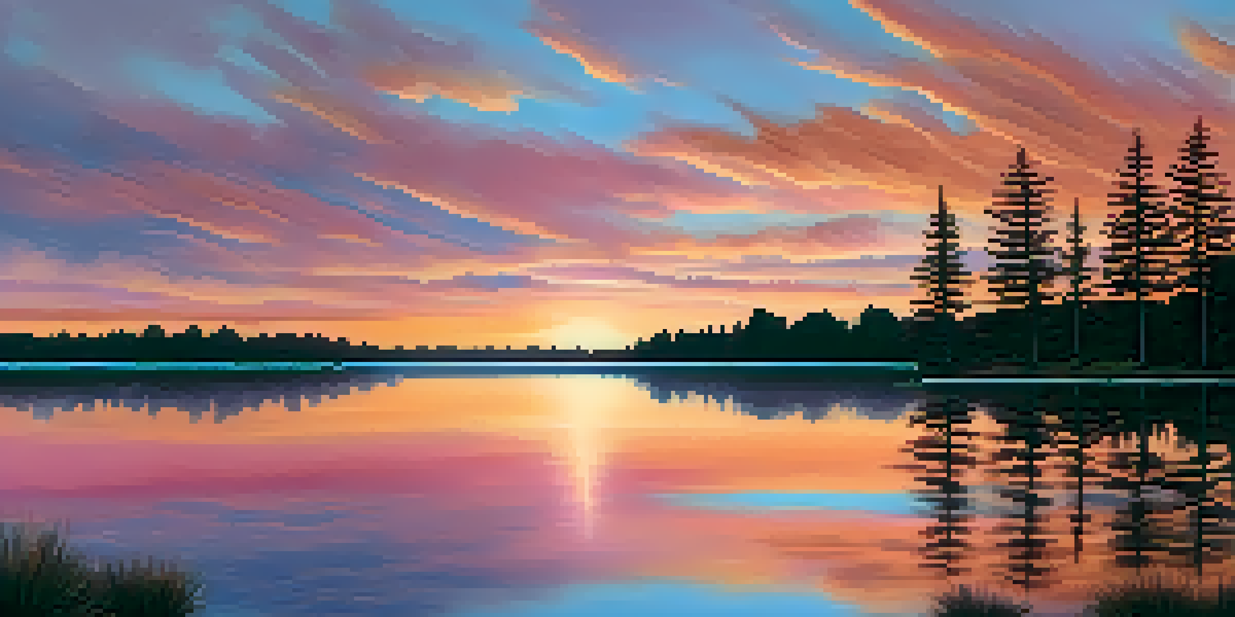 A beautiful sunset over a calm lake, with trees silhouetted against the colorful sky.