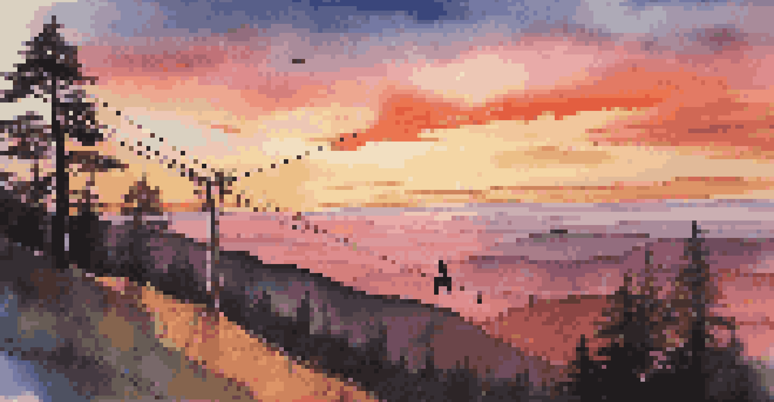 A sunset view from a zipline platform with colorful sky and silhouettes of trees against a valley.