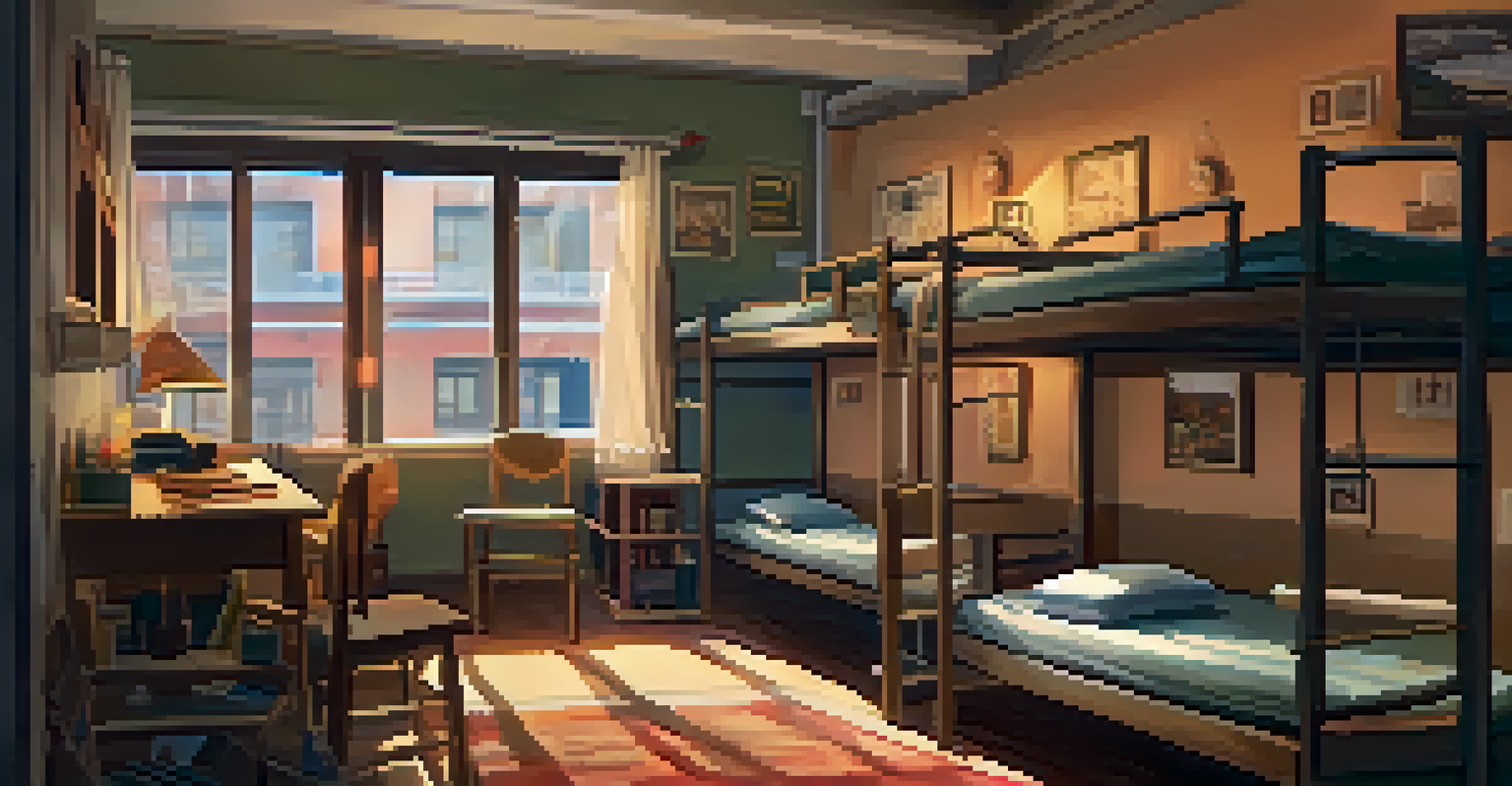 A cozy hostel dormitory with bunk beds, personal items, and a window view of a vibrant street.