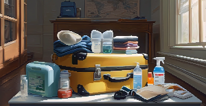 A person packing a suitcase with health and safety items in a bright room.