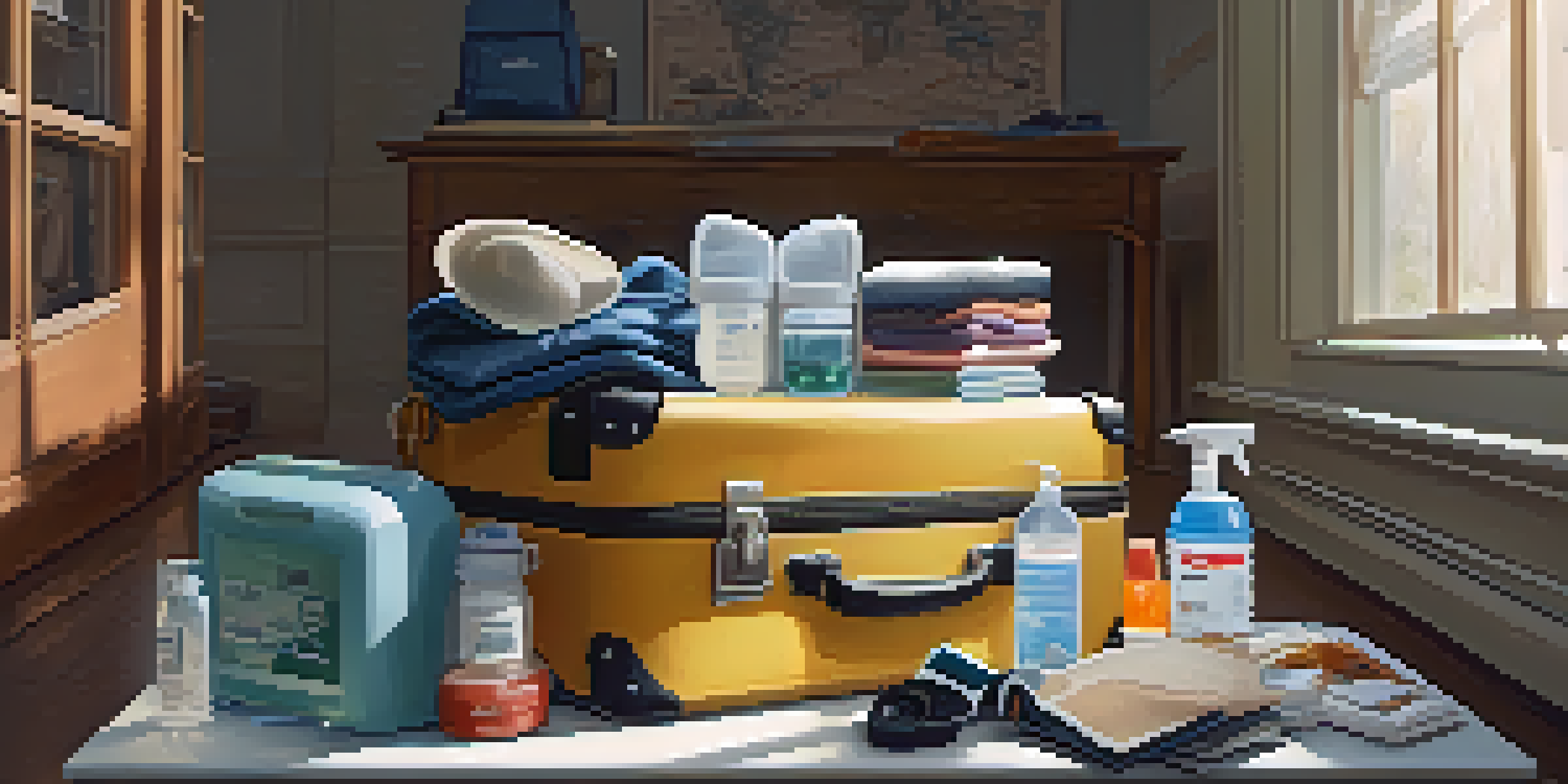 A person packing a suitcase with health and safety items in a bright room.
