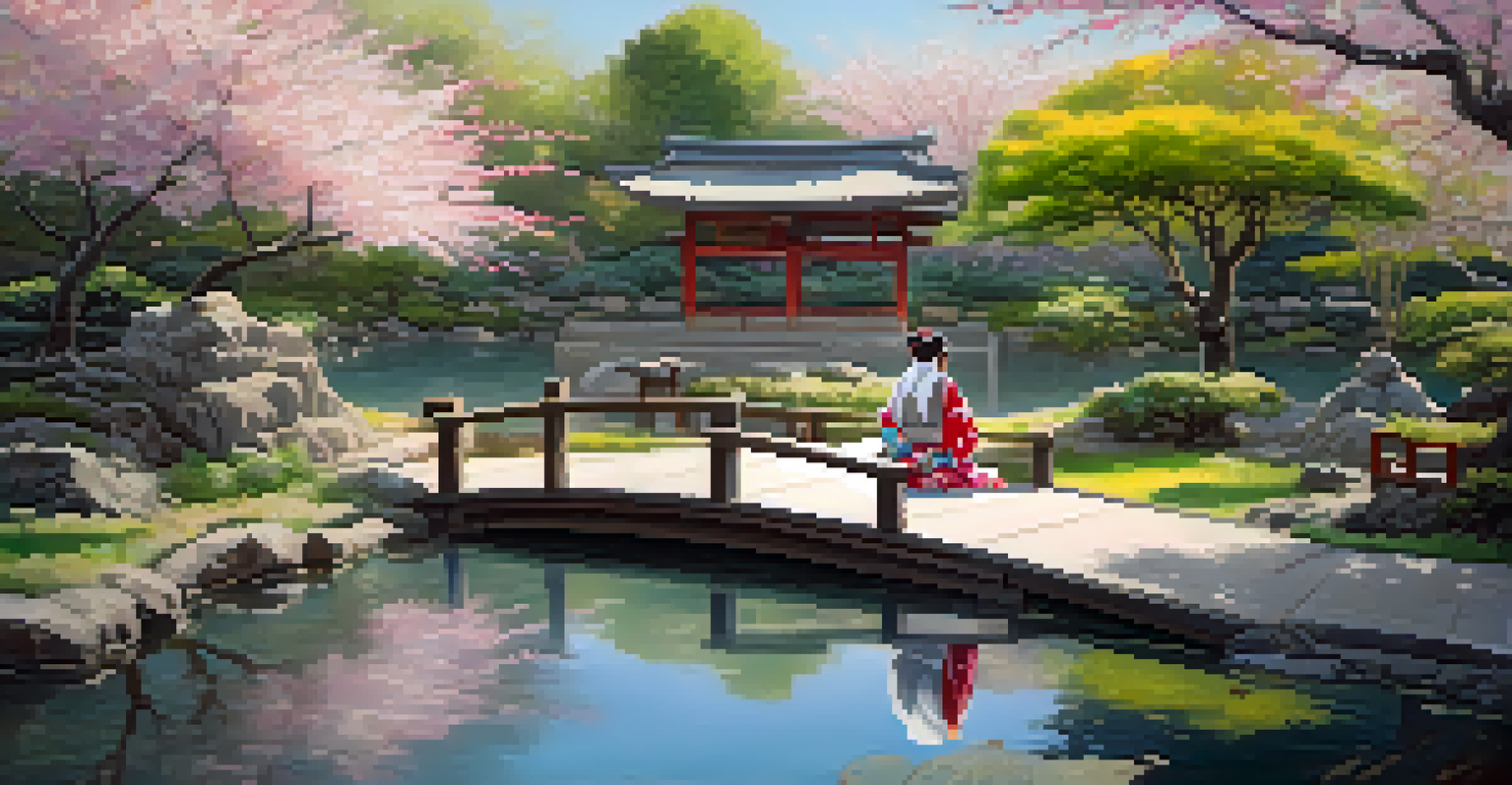 A woman in a kimono performing a tea ceremony in a tranquil Japanese garden.