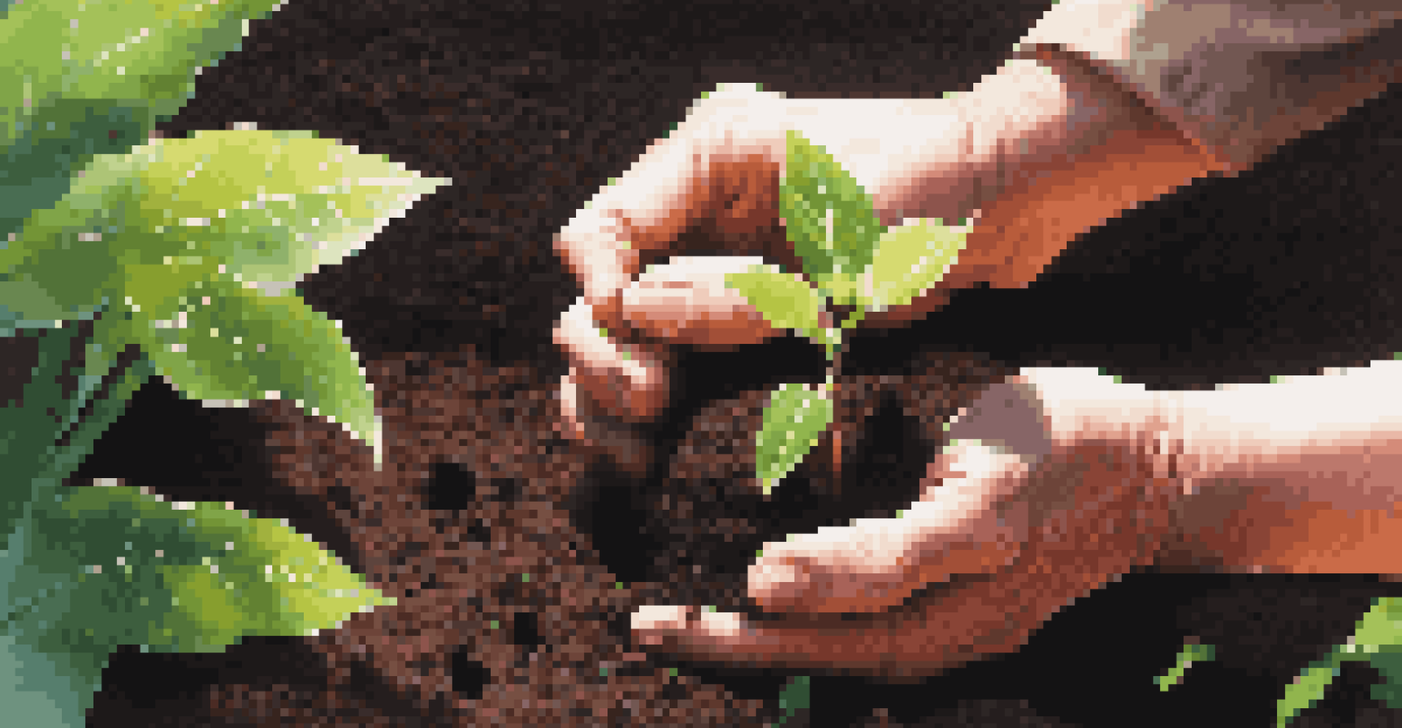 A close-up of hands planting a seedling in dark soil, with blurred greenery in the background.