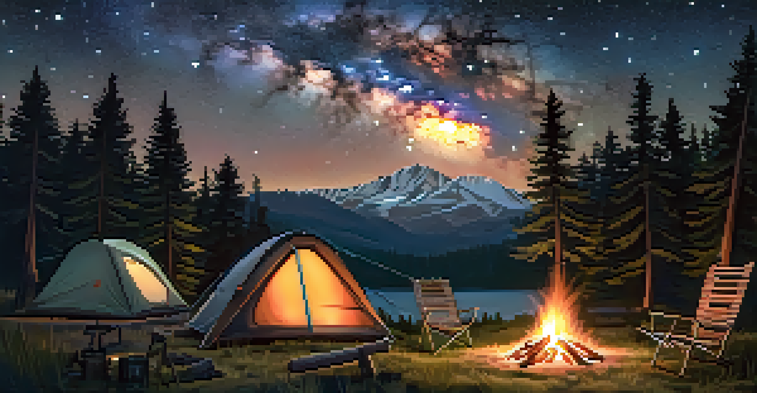 A peaceful campsite with a campfire and tent under a star-filled night sky, surrounded by tall pine trees.