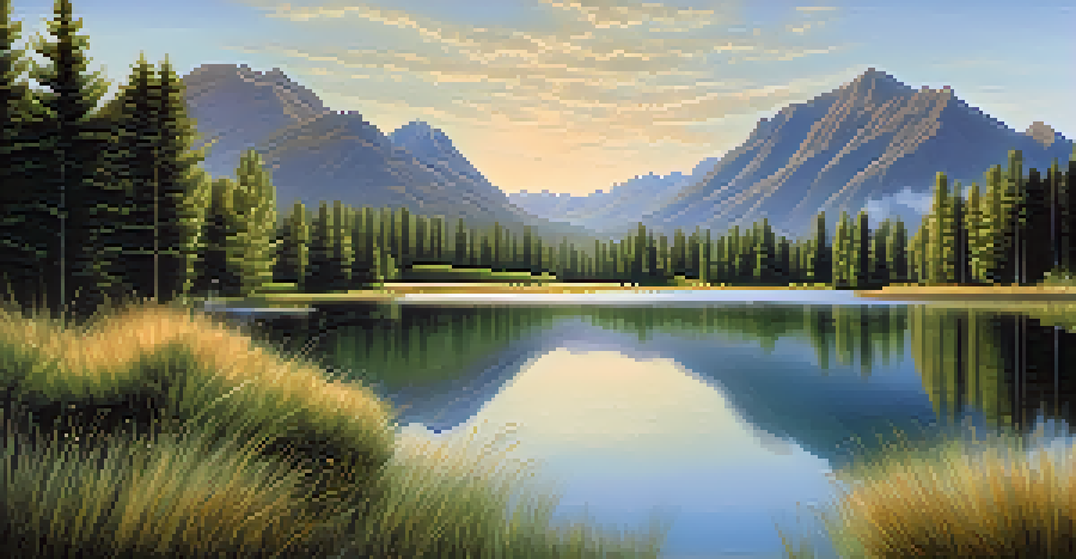 A calm lake reflecting mountains and trees during sunrise, creating a serene and symmetrical view.