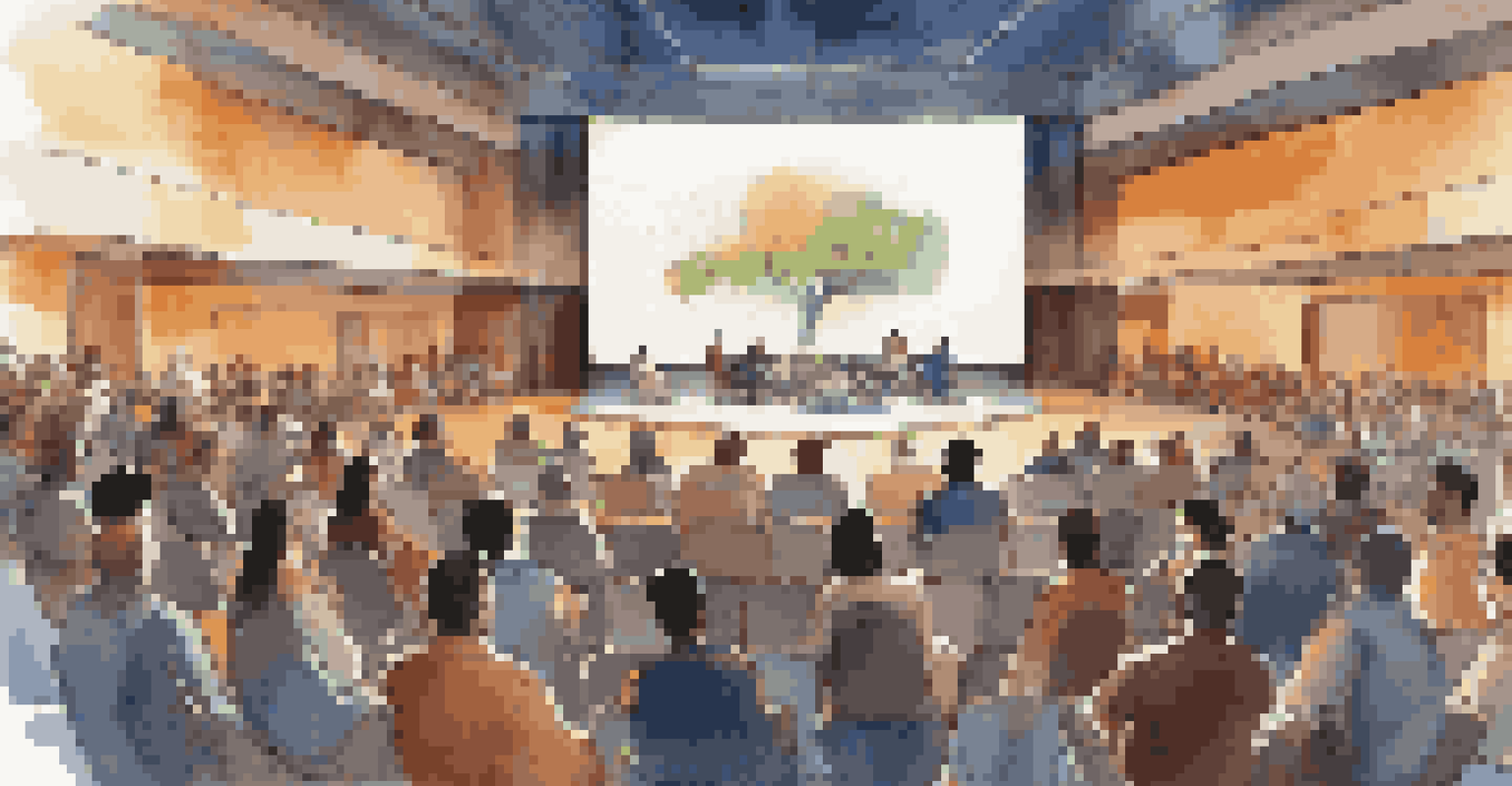 An auditorium filled with participants engaged in a hybrid cultural exchange event, with a speaker and images of landmarks on a screen.
