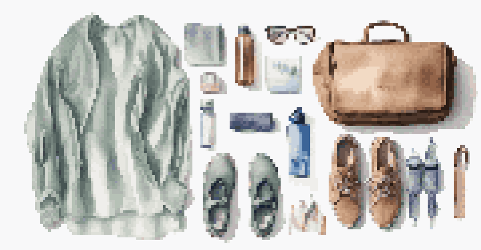 A neatly organized packing setup featuring versatile clothing, a reusable water bottle, and a compact travel bag on a white surface.