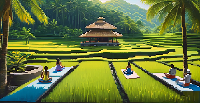 A peaceful yoga retreat in Bali with individuals practicing yoga amidst green rice terraces and tropical flowers.