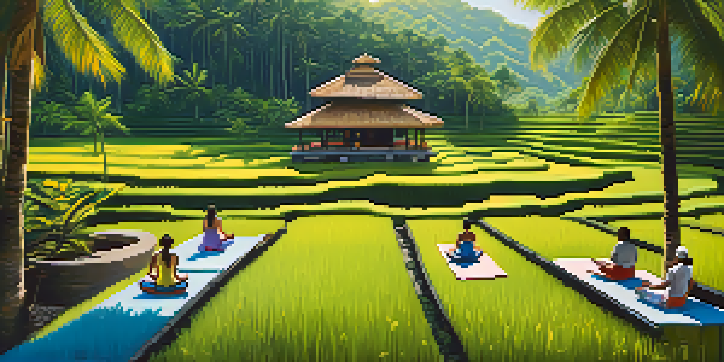 A peaceful yoga retreat in Bali with individuals practicing yoga amidst green rice terraces and tropical flowers.