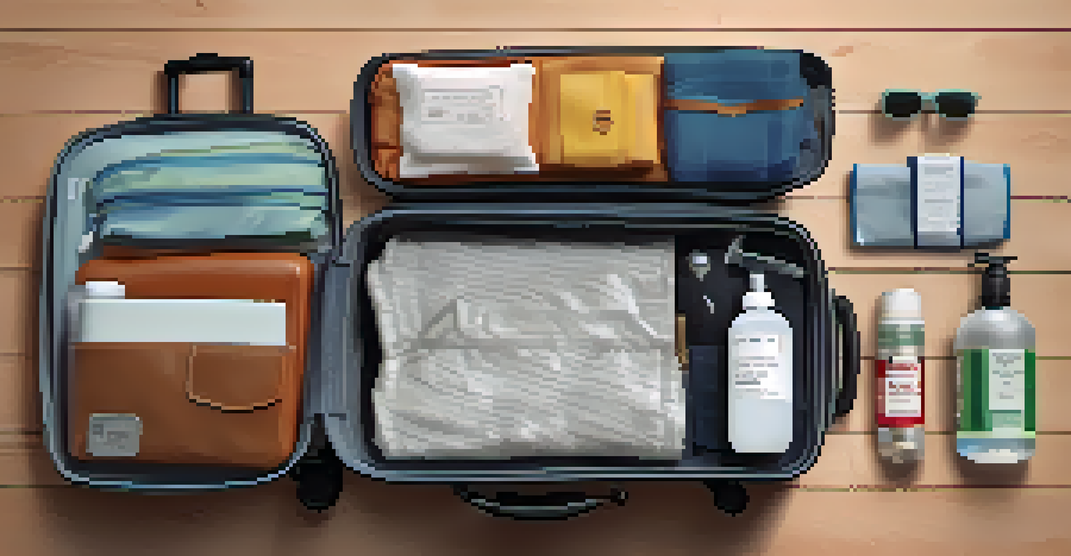 A close-up of a traveler packing a suitcase with essentials like a boarding pass and hand sanitizer, highlighting organization.