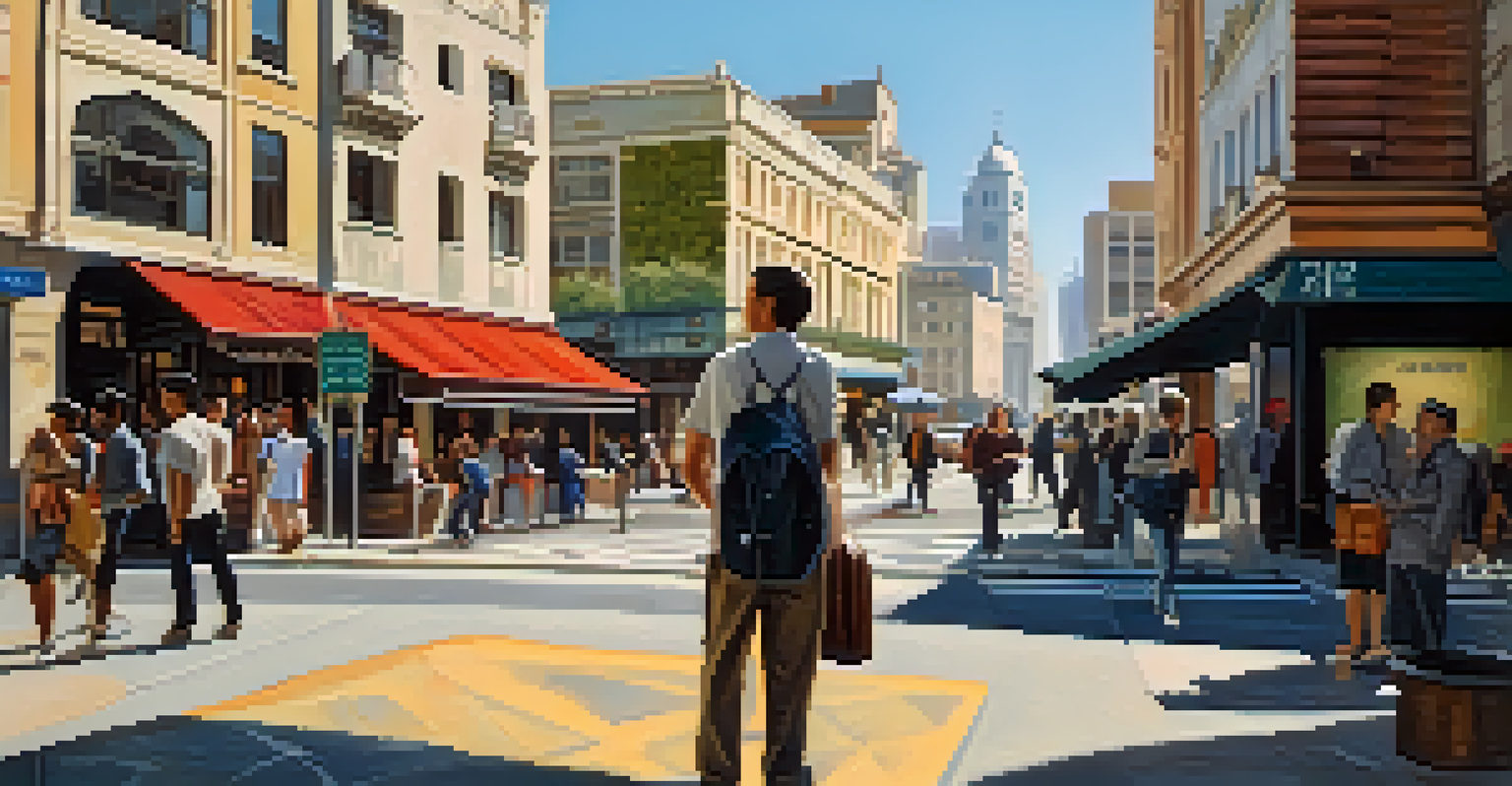 A traveler asking a local for directions in a busy urban setting, with a blend of modern and traditional architecture.