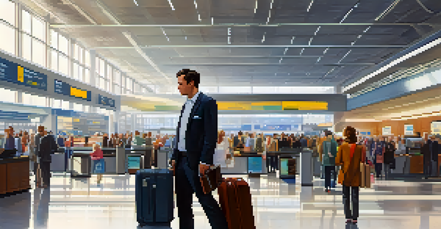 A traveler at an airport check-in counter holding a travel wallet, with a carry-on suitcase nearby and bustling travelers in the background.