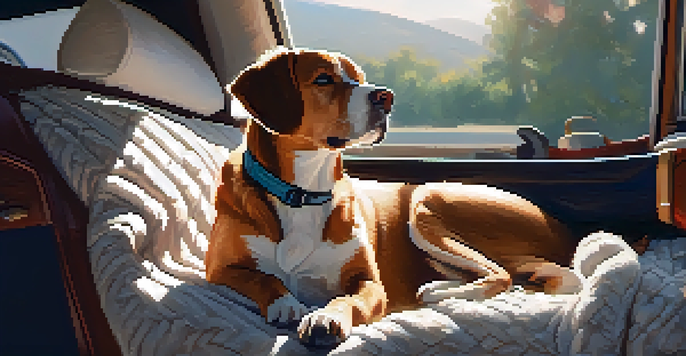A comfortable car interior showing a pet dog resting in a crate with soft blankets and toys, illuminated by soft sunlight.