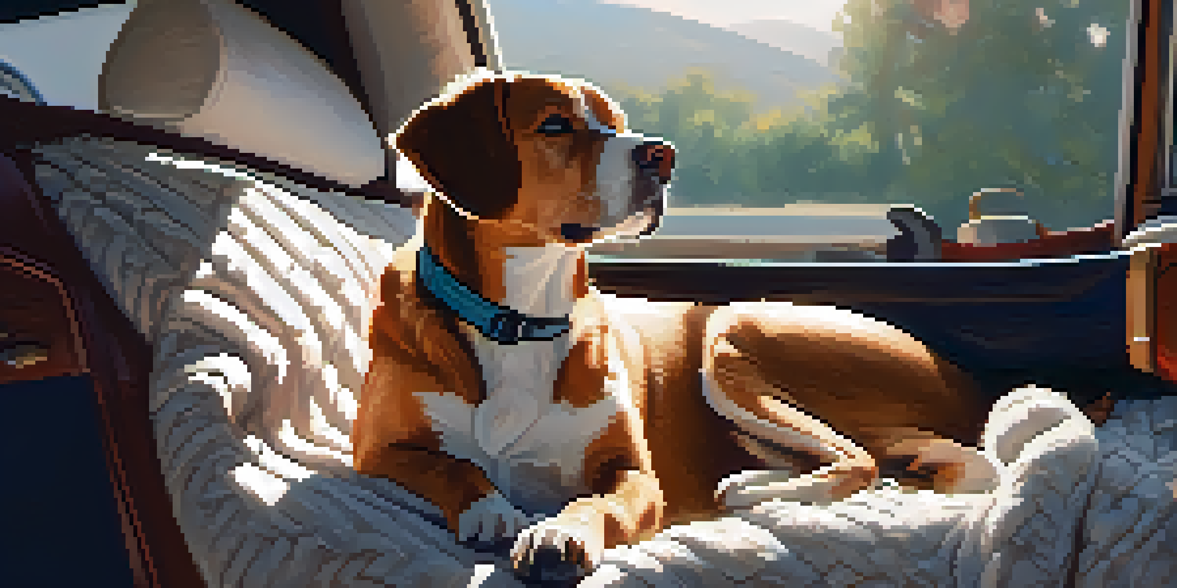 A comfortable car interior showing a pet dog resting in a crate with soft blankets and toys, illuminated by soft sunlight.