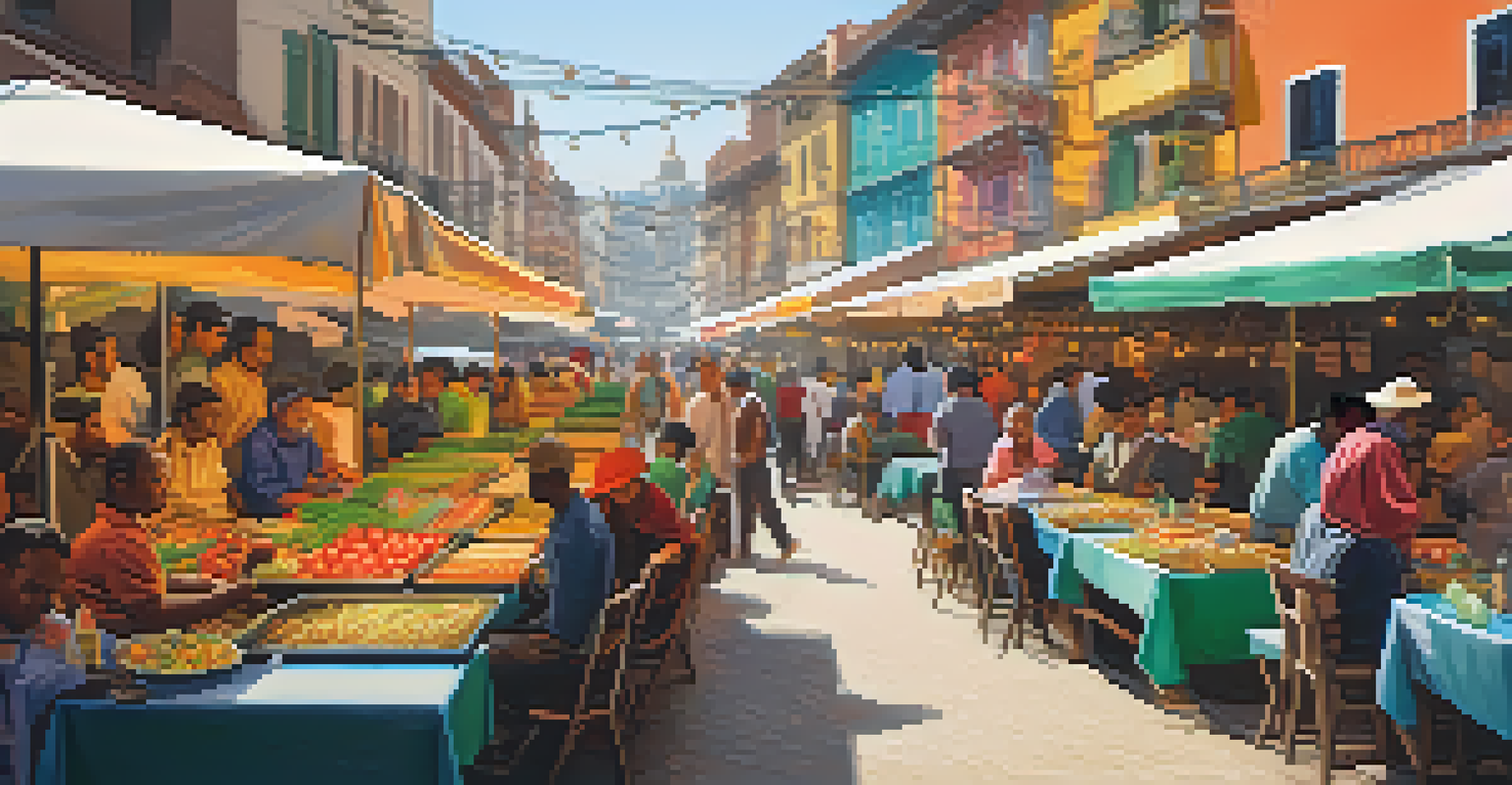A lively outdoor market scene with locals dining at colorful tables, surrounded by fresh produce and festive lights.