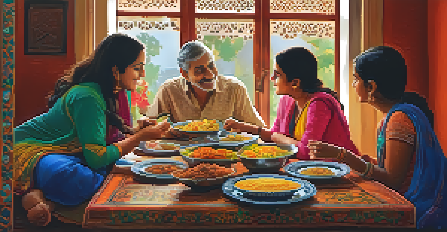A family sharing a meal in an Indian household, showcasing traditional dishes and a warm, inviting atmosphere.