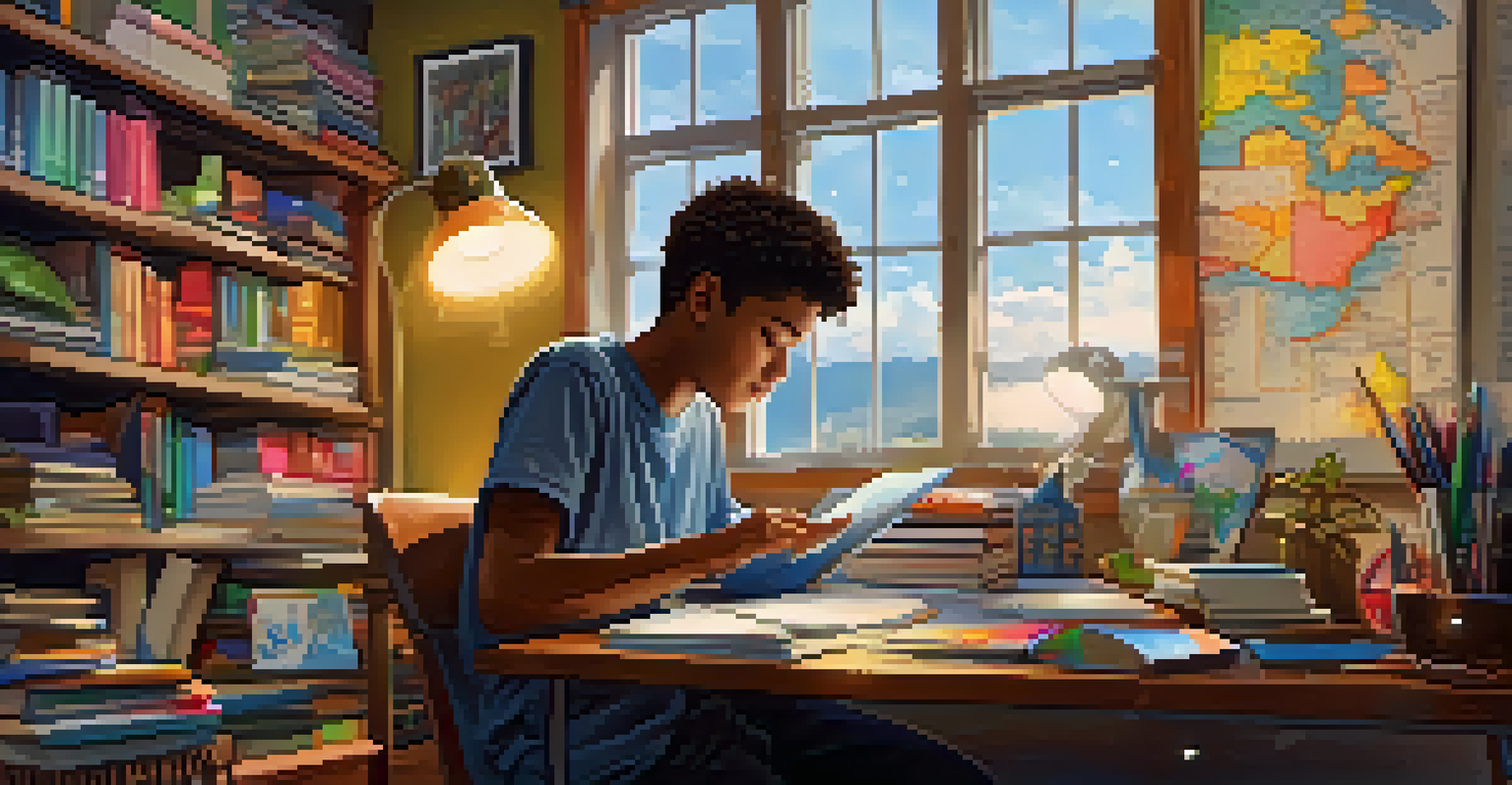 A teenager researching travel destinations at a desk filled with travel books and a globe.