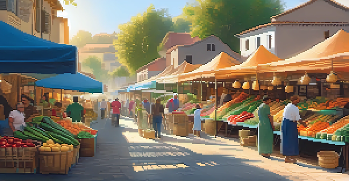 A lively market with colorful stalls, fresh produce, and local artisans interacting with travelers under warm sunlight.