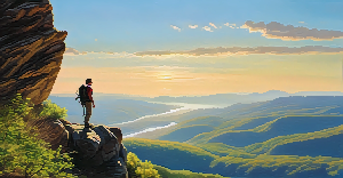 A hiker on a rocky outcrop overlooking a lush green valley and winding river in a mountain landscape under a clear blue sky.