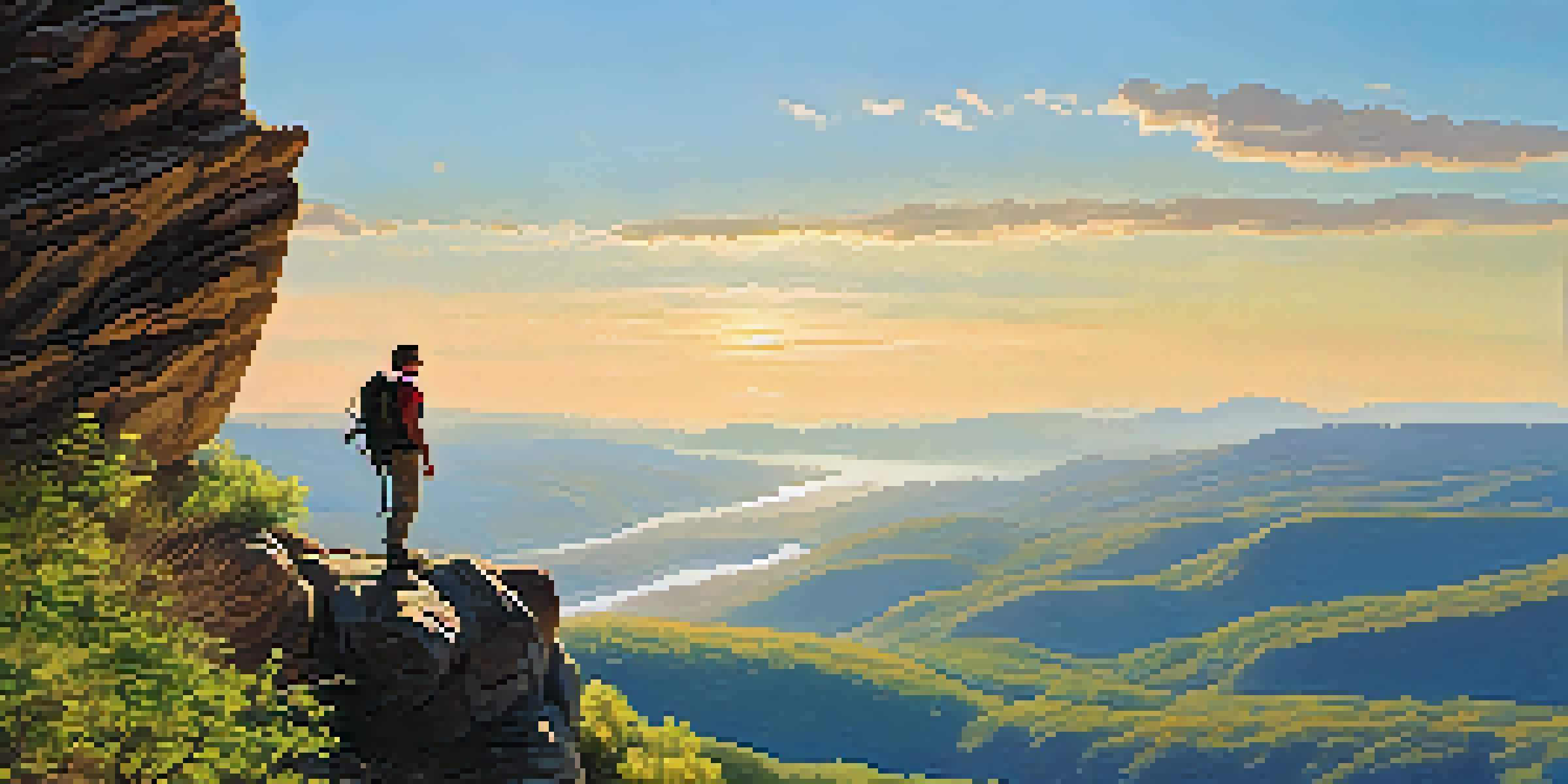 A hiker on a rocky outcrop overlooking a lush green valley and winding river in a mountain landscape under a clear blue sky.