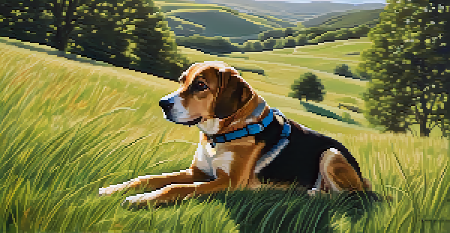A dog playing and stretching in a grassy area during a travel break, surrounded by a beautiful landscape.