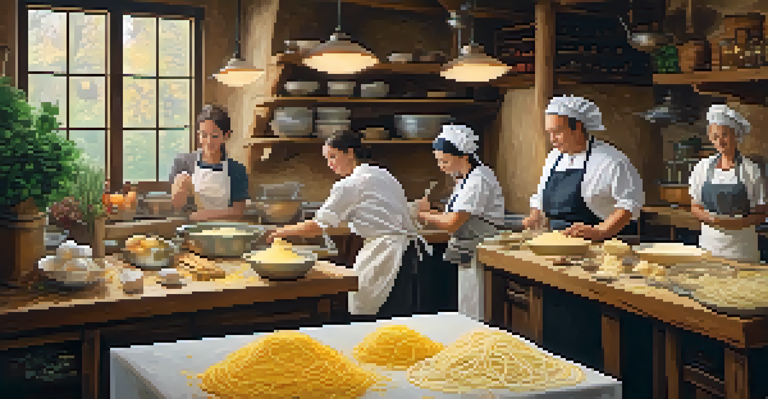 A rustic kitchen with a chef teaching a pasta-making class surrounded by attentive participants.