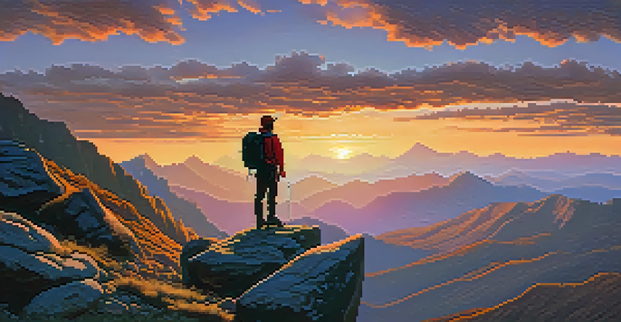 A hiker in layered clothing stands on a rocky outcrop overlooking a vibrant sunset mountain landscape with dramatic peaks.